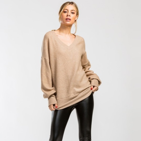 Latte Brushed Knit V-Neck Top - Picture 5 of 8